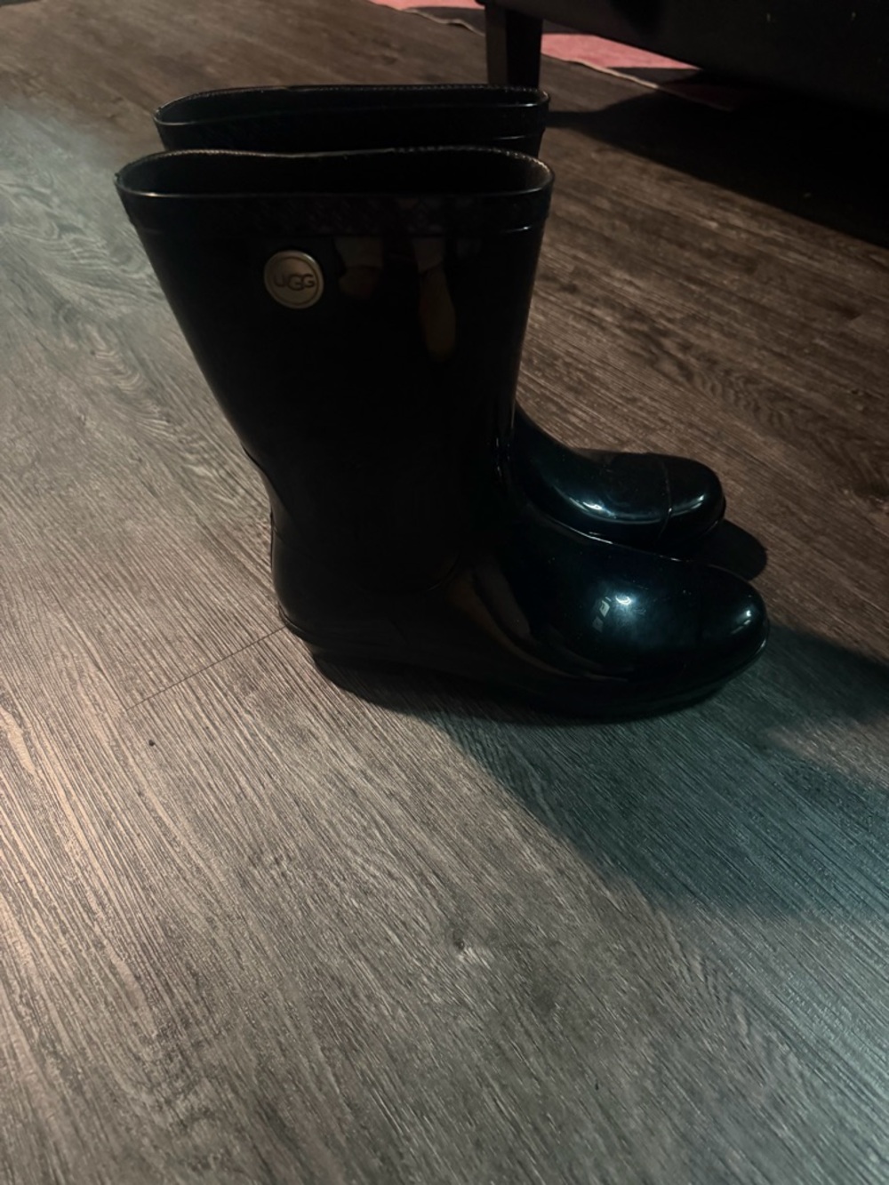 UGG Black Glossy Mid-Calf Rain Boot with Logo Button
